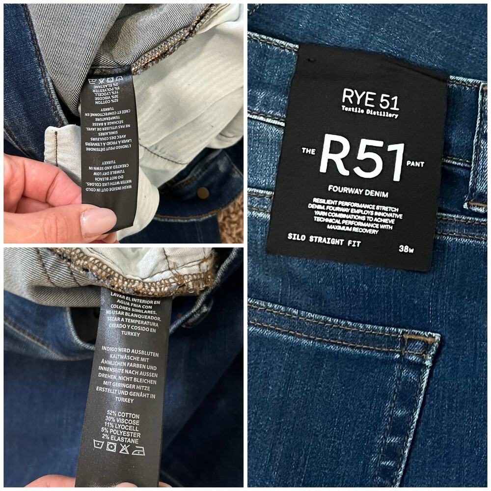 RYE 51 R51 Menβs Four Way Stretch Denim Jeans 38W Straight Fit Performance NWT - Picture 5 of 9